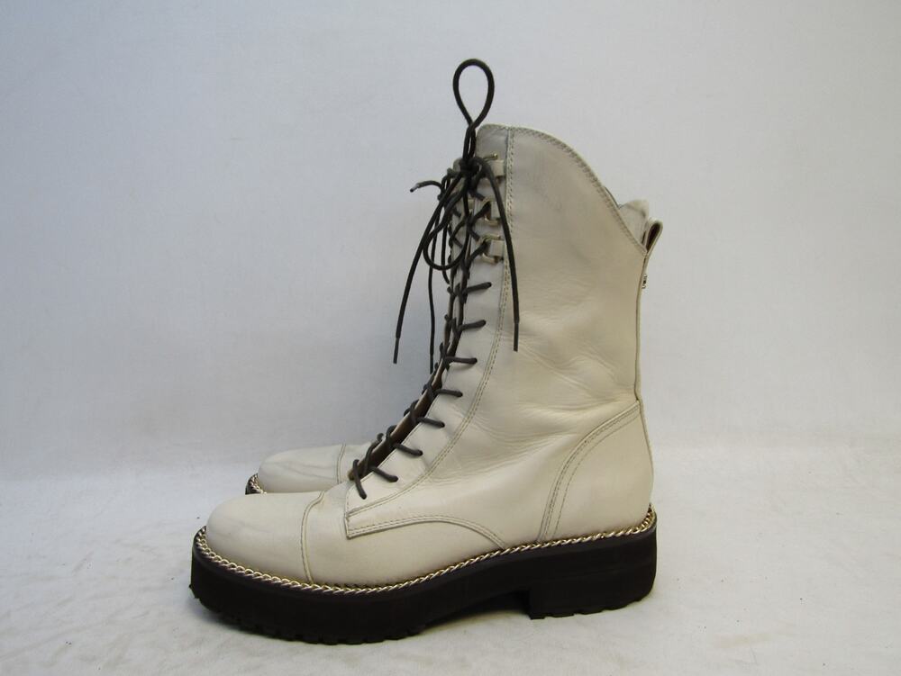 Sam Edelman Womens Size 8.5 M Ivory Leather Zip Lace Up Fashion Boots Bootie